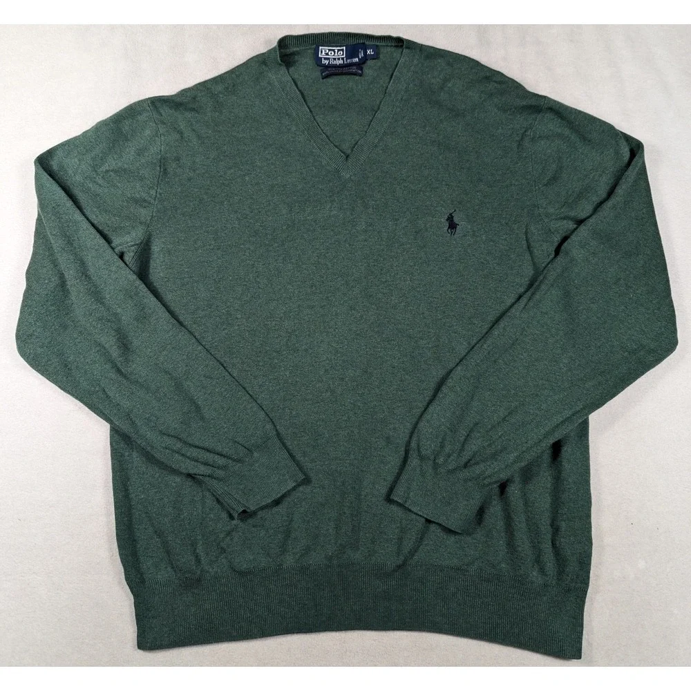 Polo Ralph Lauren Mens XL Green 100% Pima Cotton V-Neck Pony Logo Sweater